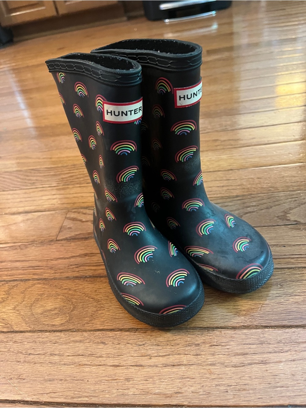 Hunter Kids Black Rain Boots with Rainbow Print
